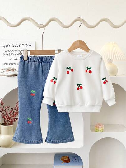 Autumn/Winter Baby Girl Cute Casual Cherry Print Crew Neck Loose Sweatshirt & Cherry Print Flared Jeans Versatile Commute/Outing Outfit Set