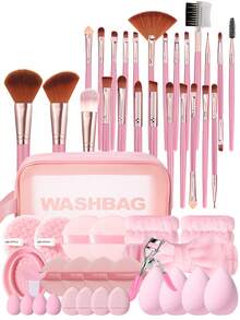 52Pcs Makeup Tools Set,25Pcs Makeup Brushes With Waterproof Storage Bag,Makeup Sponges, Powder Puffs,Eyelash Curler, Hair Band, Brush Cleaning Bowl,Complete Cosmetic Tool Kit For Face & Eye Makeup,Pink Portable Makeup Kit For Daily Makeup Application - Baby Pink - View 1