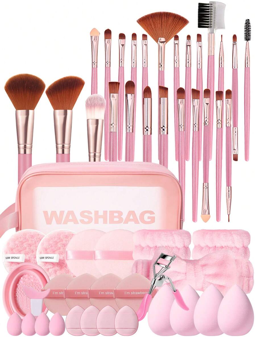 52Pcs Makeup Tools Set,25Pcs Makeup Brushes With Waterproof Storage Bag,Makeup Sponges, Powder Puffs,Eyelash Curler, Hair Band, Brush Cleaning Bowl,Complete Cosmetic Tool Kit For Face & Eye Makeup,Pink Portable Makeup Kit For Daily Makeup Application - Baby Pink - View 1