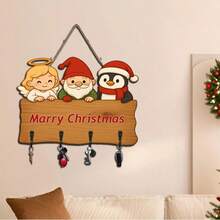 2D Flat Wooden Key Rack With 4 Metal Hooks, Christmas Wall Decor, Porch, Room And Villa Decoration, All Season Home Decor - Multicolor - View 6