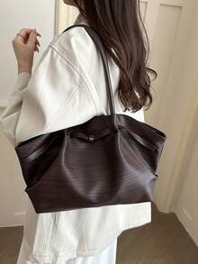 Retro Brown Braided Pattern Tote Bag Soft PU Large Capacity Daily Work Shoulder Handbag - Coffee Brown - View 3