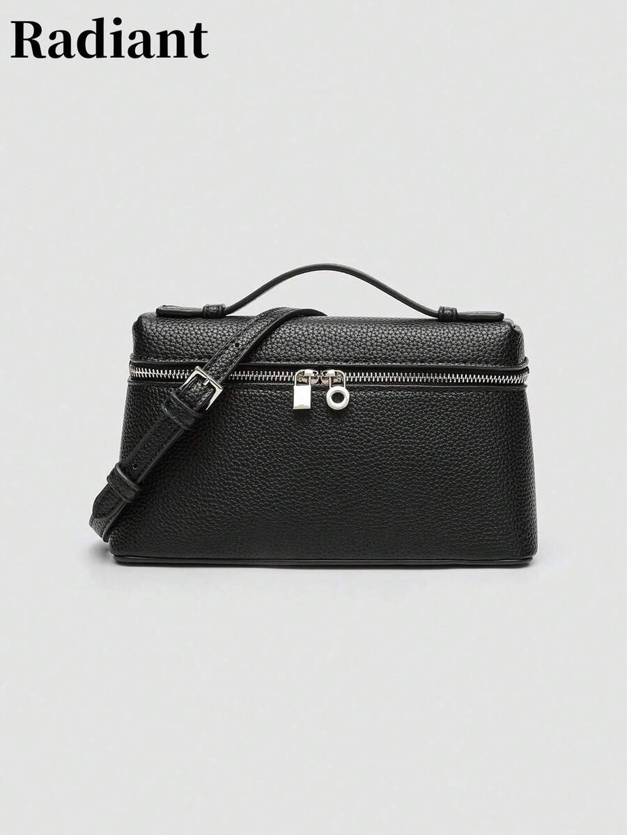 1pc Solid Color Lychee Texture PU Square Shoulder Bag, Small Size, Suitable For Daily Fashion Matching, Minimalist Style - Black - View 1