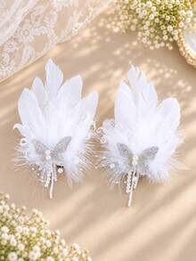 KOVLYNE 2pcs White Feather Princess Hair Clips With Rhinestone Butterfly And Pearl Tassel, Elegant Bridal Hair Accessories For Wedding, Party, Photography And Special Occasions - White - View 2