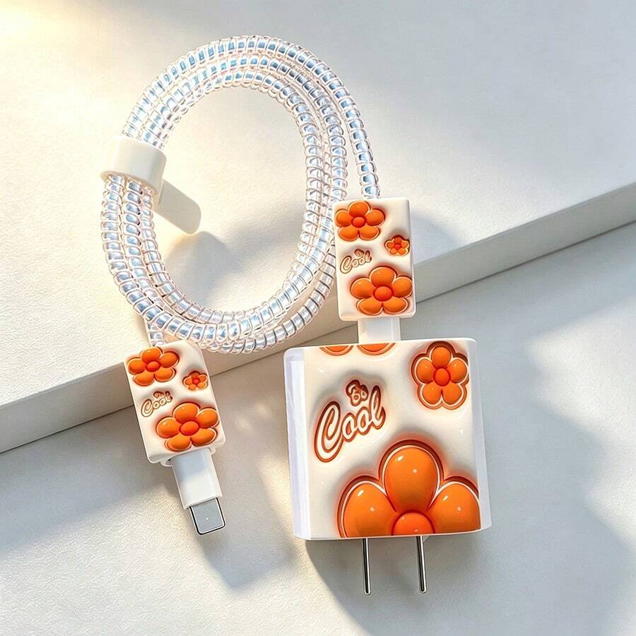 Orange Style Charger And Cable Protector Set, Durable Apple 18-20W Charging Cable Protective Case, Anti-Breakage Cable Organizer, Compatible With Apple Phone Charger - Multicolor - View 1