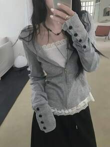 Waist-Cinching Zipper Hoodie, Hot Girl Style, Versatile Loose Fit Autumn Jacket, Hooded Top - Grey - View 7