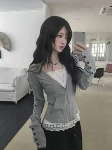 Waist-Cinching Zipper Hoodie, Hot Girl Style, Versatile Loose Fit Autumn Jacket, Hooded Top - Grey - View 1
