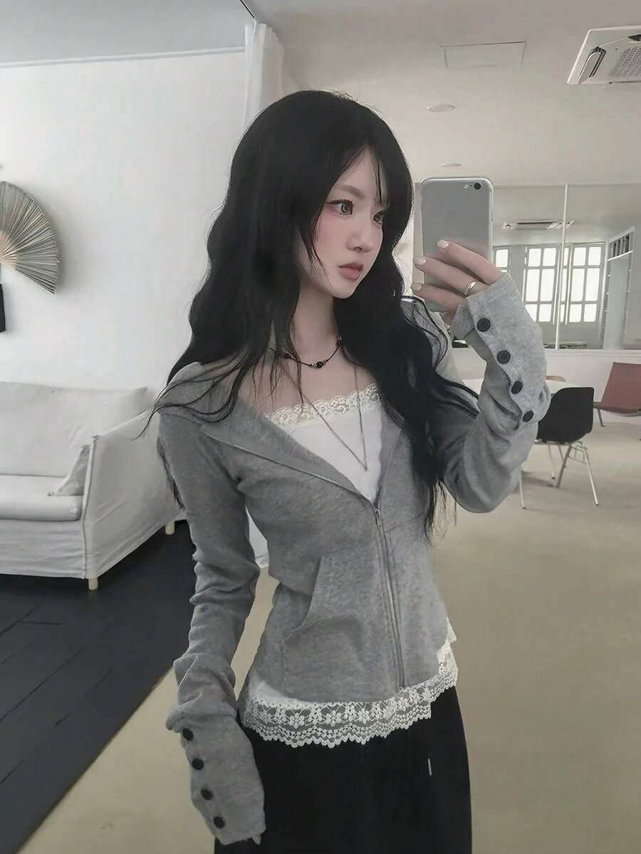 Waist-Cinching Zipper Hoodie, Hot Girl Style, Versatile Loose Fit Autumn Jacket, Hooded Top - Grey - View 1