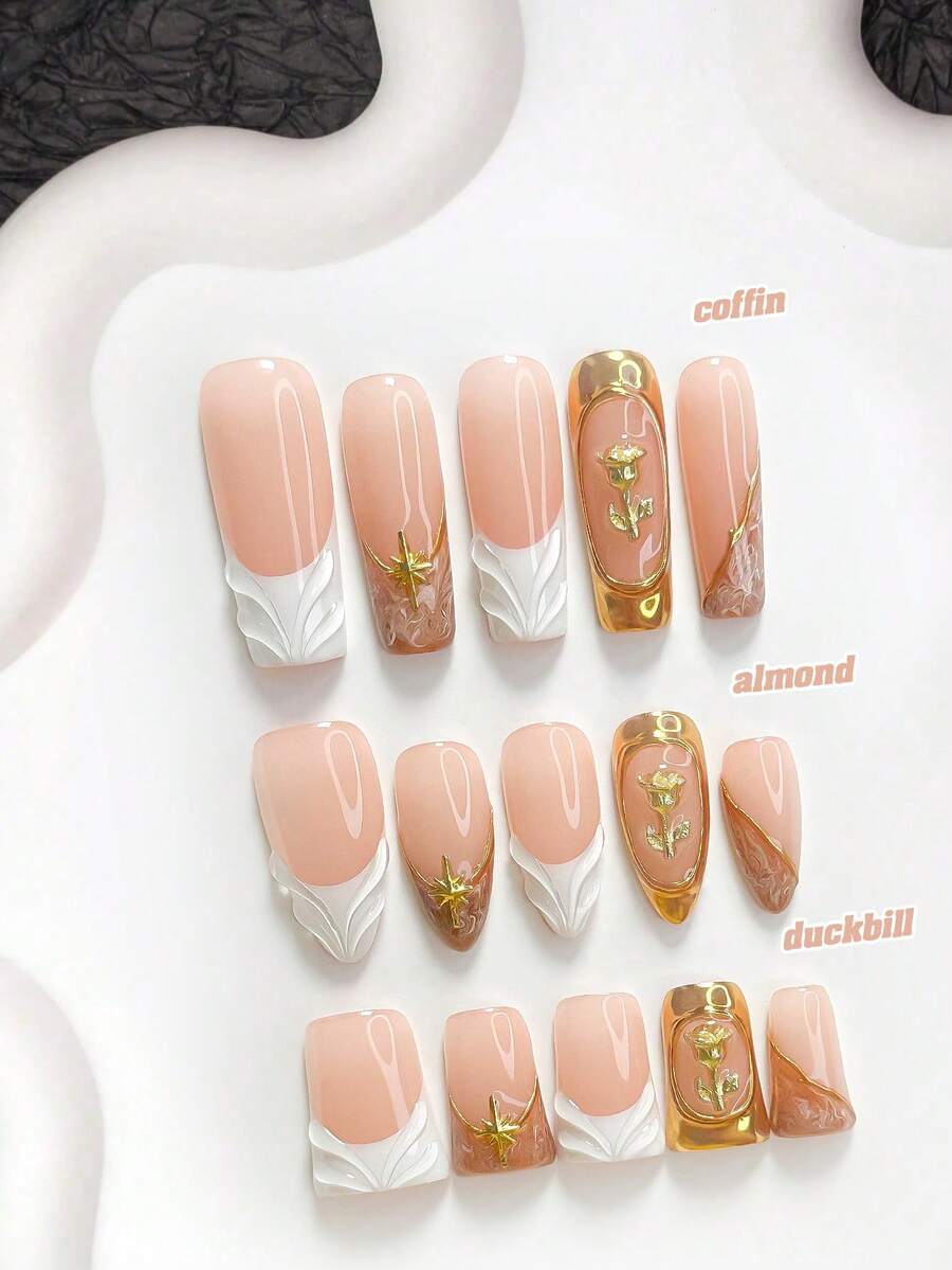 秋季 10 件組極簡手工穿戴甲,Polygel 凝膠美甲套組,玫瑰、星芒、金白色調,溫柔風格,附美甲工具,3 種尺寸可選,杏仁、鴨嘴、棺材形,適合派對、跳舞、日常穿戴(手工細節可能有所不同) - 彩色 - 查看 1