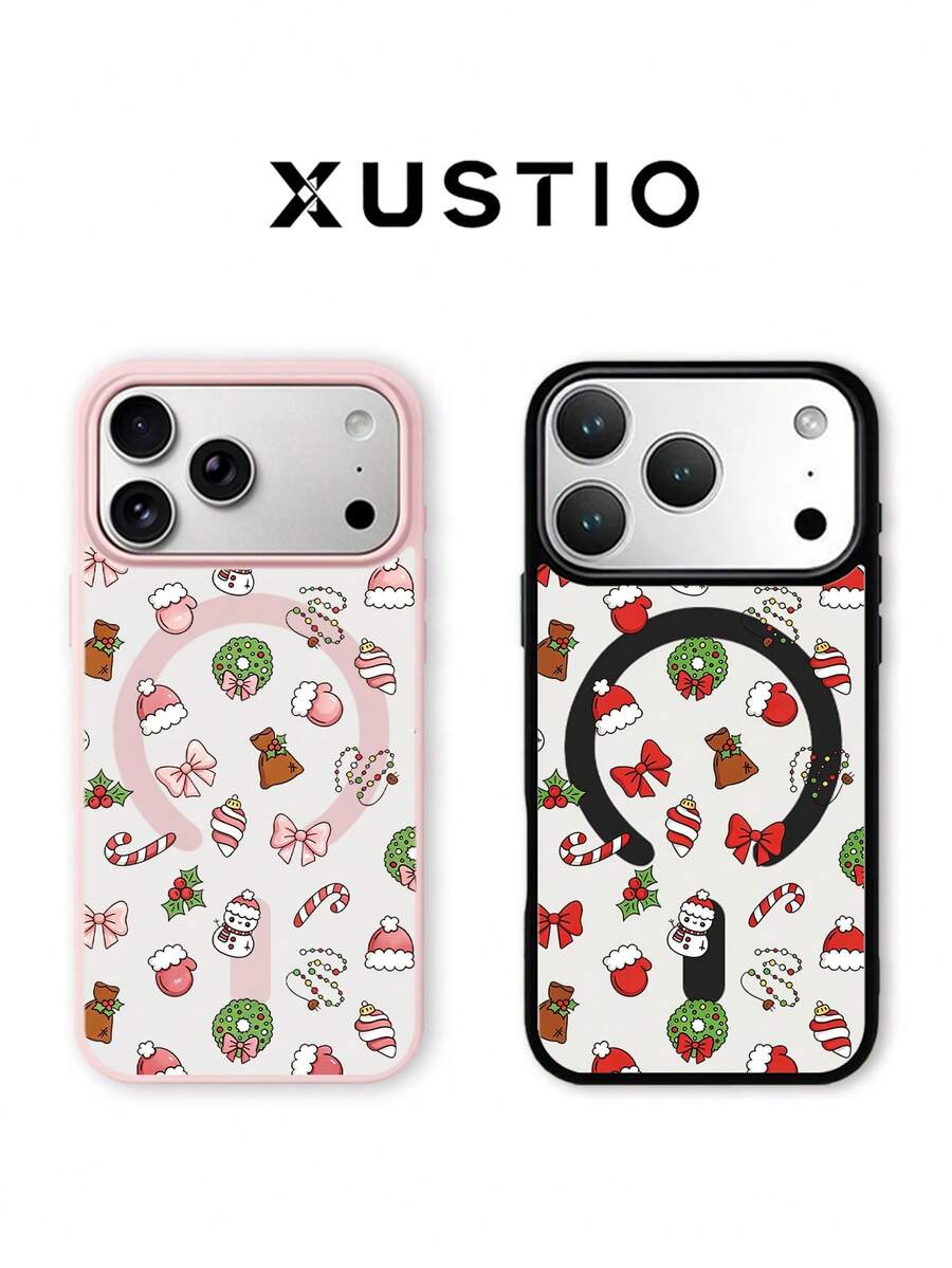 XUSTIO Christmas Snowman Santa Hat Bow Candy Cane Ribbon Magnetic Phone Case Full Coverage Shockproof Anti-Drop Couple Best Friend Style 2 Colors Available Compatible With Apple 11 12 13 14 15 16 17 18 Pro ProMax Plus Daily Commute Holiday Gift Highly Attractive Protective Cover - Pink - View 1