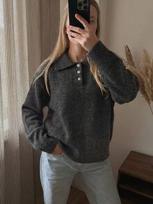 Women's Autumn/Winter New Polo Collar Solid Color Knit Sweater, Suitable For Office Commute, Business Professional, Casual Daily Wear - Grey - View 10