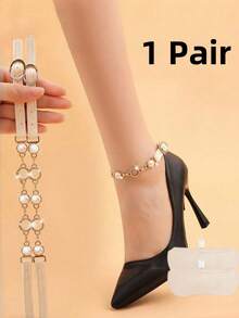 1/3 Pair Faux Pearl Solid Color Minimalist Practical Multi-Functional Elegant Black High Heel Sandals With Gold Chain Ankle Strap - Adjustable, Non-Slip, Invisible Buckle Design, Fashion Footwear, Shoe Style | Gold Chain Detail | PVC Material - Multicolor - View 16