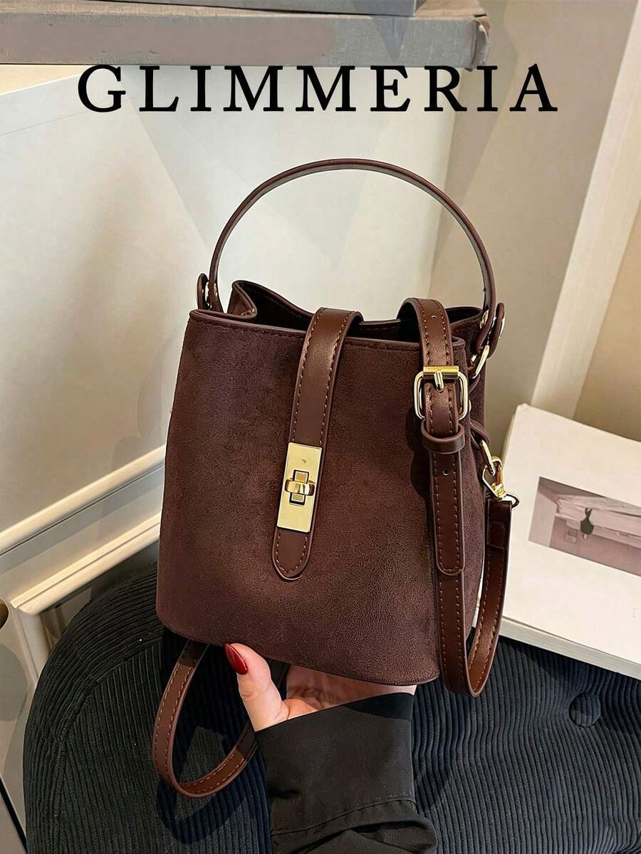 Women's Casual Crossbody Bucket Bag - Solid Color, Double-Layer Suede Material Handbag, Magnetic Closure, Adjustable Shoulder Strap - Lightweight Design, Suitable For Commuting, Casual And Dating, Minimalist Style, Versatile Use, Coffee Brown, Suede Bag, Autumn/Winter Essential