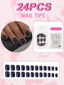24pcs Short Round Press-On Nails, Solid Deep Blue Fake Nails, Glossy Minimalist Manicure, Enhances Elegance, Suitable For Daily, Date, Party, Includes Jelly Glue And Nail File - Navy Blue - View 4