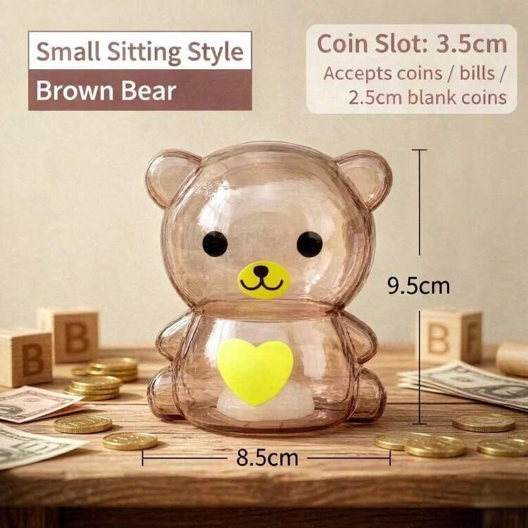 1pc Heart Pattern Bear Design Piggy Bank, Cute Cartoon Coin Box, Home Decor - Chocolate Brown - View 4