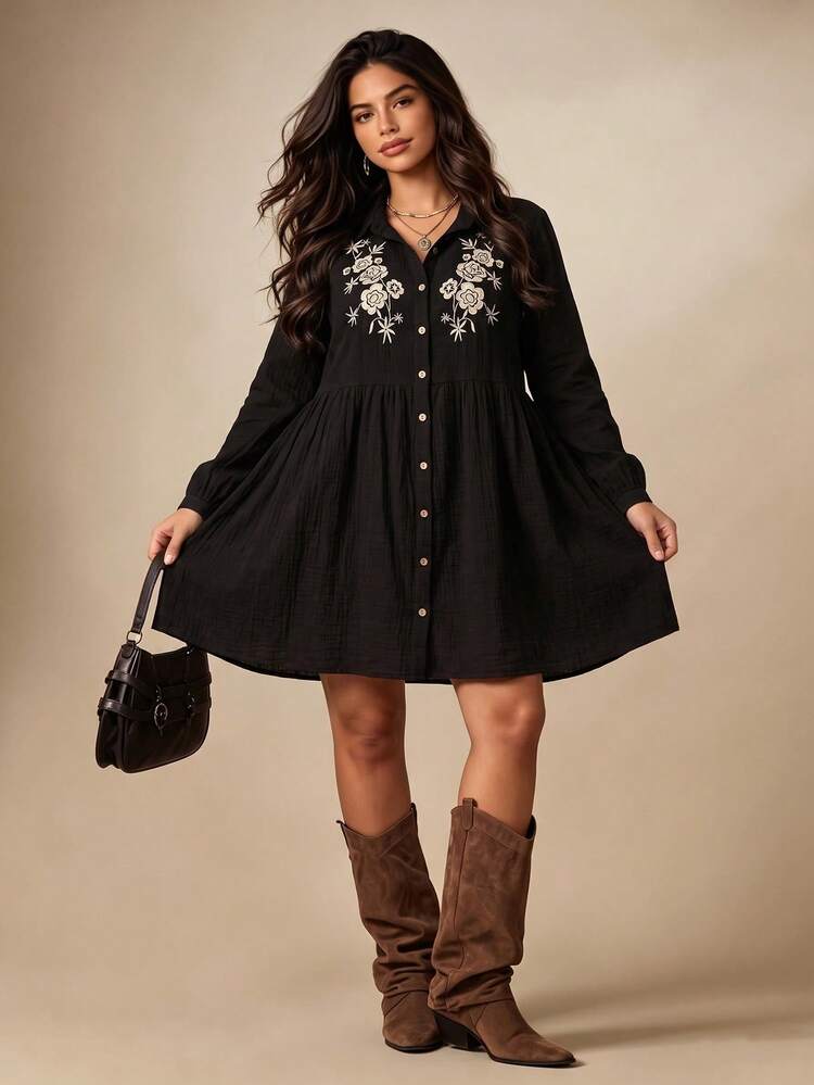 Rusttydustty Women's Plus Size Black Floral Embroidered Casual Daily Commute Dress - Black - View 2