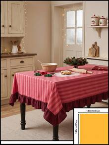 1pc Red And White Thin Striped With Burgundy Ruffle Edge Tablecloth, Christmas Baking Style Fabric Material, Rectangular Burgundy Ruffle Edge Patchwork Detail, Stain-Resistant Protection And Decorative Function For Home Long Table, Suitable For Christmas Baking Decor And Holiday Kitchen Scenes - Red - View 20