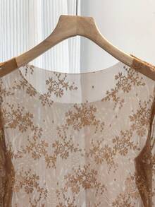 Women's Round Neck Floral Flocked Mesh Base Layer Top, Long Sleeve Sheer Fitted Lace Layering Inner Shirt - Coffee Brown - View 3