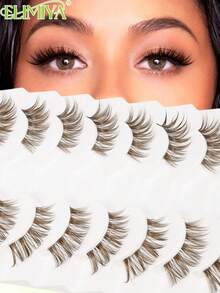 Brown 10 Pairs New Half Eye Lashes, Cross Soft & Natural Cat Eye Design, Makeup Tool False Eyelashes For Lengthening & Volumizing - Brown - View 1