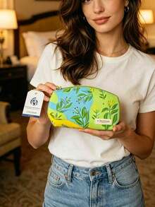 Vibrant Floral Leaf Print Zipper Cosmetic Pouch Large Capacity Portable Travel Makeup Storage Bag Skincare Toiletry Organizer Vacation Gift L'Occitane Makeup Bag - Mint Green - View 2