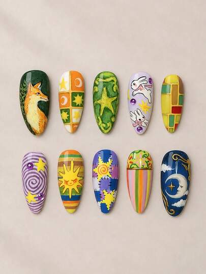 10 piezas de uñas postizas con diseño de zorro y conejo de dibujos animados, uñas falsas con forma de almendra estilo Y2K de otoño, pegatinas de uñas de arte de Acción de Gracias con sol, luna, estrella y patchwork colorido, set de uñas acrílicas con pegamento de gelatina y lima de uñas, accesorios de uñas para mujeres para uso diario, fiestas y vacaciones, pegatinas de uñas de otoño/invierno