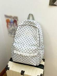 Polka Dot Lace Decor Daypack + Multi Pocket & Lightweight + School Daily Commute + White Black Dots Adjustable Strap Casual Backpack - Multicolor - View 6