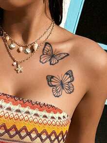 1pc Herbal Juice Semi-Permanent Magic Tattoo Sticker, Minimalist Fashion Butterfly Design, Long-Lasting 14 Days, Non-Fading, Non-Reflective, Temporary Tattoo Sticker For Arm, Shoulder, Neck, Collarbone, Leg And Body - Blue - View 4