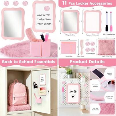 11Pcs Locker Accessories Girls, Magnetic Locker Mirror Organizer Decor
