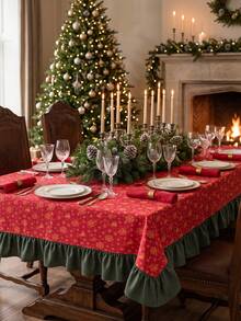 1pc Red Background Gold Christmas Bell Snowflake Print Tablecloth, Traditional Country Style, Rectangular Green Leaf Edge With Pleated Details, Stain-Resistant Protective Tablecloth For Home Long Table, Suitable For Christmas Family Gatherings And Winter Holiday Dining Room Decor - Red - View 8