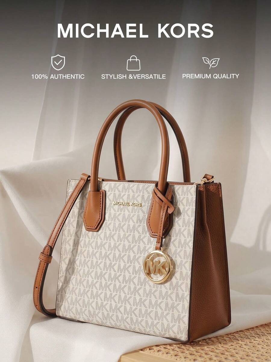 Michael Kors Mercer 中號女款斜背托特包,時尚手把設計,附小收納包,完美禮物 - 米棕色 - 查看 1