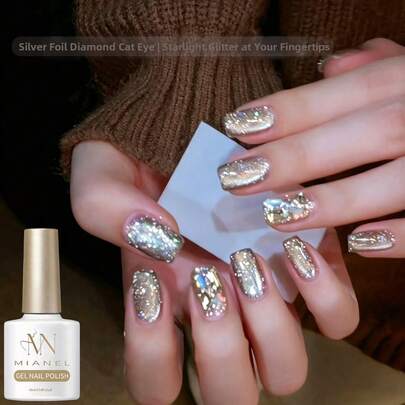 MIANEL GEL 10ml 2026 New Silver Foil Cracked Diamond Cat Eye Gel Nail Polish, Luxury High-End Super Shiny Gold-Plated Cracked Diamond High-Density Glass Bead Effect, Suitable For Nail Salon Supplies And DIY Manicure, LED Light Curing