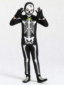 4pcs Boys' Glow-In-The-Dark Horror Bowknot, Skeleton Jumpsuit Costume For Halloween Cosplay Party Performance - Multicolor - View 8