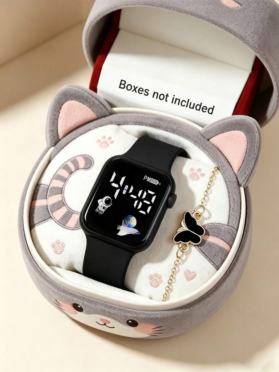2pcs/Set Girls Fashion Square Digital Electronic Sports Watch With Butterfly Bracelet, Fresh And Sweet Children's Accessories, Suitable For Parties, Birthdays, Various Festivals, Back To School, Graduation Season Gifts, Little Girls Best Friend Birthday Gift (Gift Box Not Included) - Multicolor - View 1