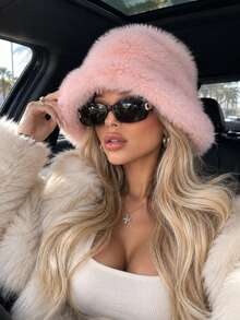 1pc Y2K Style Autumn/Winter Faux Fur Bucket Hat, Fluffy Wide Brim Street Fashion Warm Ear Protection Hat, Suitable For Halloween Party - Plush Bucket Hat - View 6