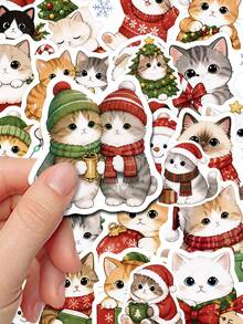 50Pcs Christmas Cat Aesthetic Stickers, Cute Xmas Kitten Character Stickers, PVC Waterproof Self-Adhesive Decals For Journals, Laptops, Water Bottles - Multicolor - View 2