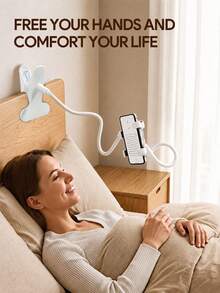 1pc Flexible Phone Holder, Adjustable Long Arm Slouchy Phone Stand With Clip Base, Minimalist White Desktop Bedside Smartphone Stand, Suitable For Watching Movies And Reading - A - View 5