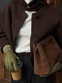 Women's Brown Stand Collar Woven Long Sleeve Coat With Button Details ...