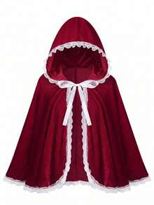 1pc Halloween Women's Shawl, Little Red Riding Hood Lace Patchwork Hooded Cape, Carnival Christmas Party, Holiday Performance Prop - Multicolor - View 3