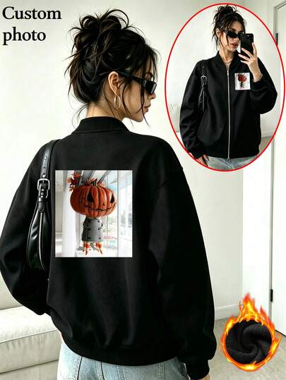 Sudadera con cremallera y cuello alto con logotipo personalizado para mujer, manga larga con hombros caídos, forro térmico, ajuste regular, adecuada para ropa de calle de otoño