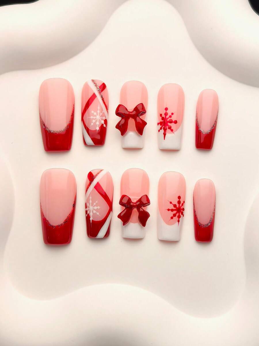 10Pcs Handmade False Nails,Press On Nails Handmade,Nails Acrylic Press On,Christmas Red 3D Bow Snowflake Glitter French Square Style,Removable Reusable Fake Nail Tips,For Women Autumn Winter Xmas Holiday Party Dating Wear - Red - View 1