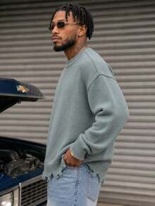 BLACKTOEXIT Men's Crew Neck Dropped Shoulder Retro High Street Frayed Hem Casual Sweater, Autumn/Winter - Grey - View 3