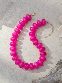 1pc Women's Fashion Minimalist Dopamine Candy Color Exaggerated Beaded Necklace, Versatile For Daily Wear (Random Tie-Dye Color, Random Tail Drop) - Hot Pink - View 2