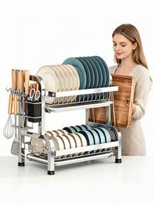 Single / Double Tier Dish Drying Rack, Ventilated Design For Fast Water Draining And Drying, Suitable For - Kitchen Countertop, Dish Drying, Plate And Bowl Storage, Storage Beside Sink, Home Kitchen Organization Range Couvert Range Couvert - Double-layer Dish Drying Rack - View 8