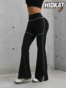 Hidkat With My Calm Casual Versatile Black High Elastic Waistband Side Slit Design Comfortable Slimming Sports Pants - Black - View 2