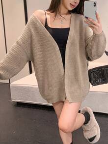 Jaket Sweater Luar Ruangan Longgar Berkerah Terbuka Model Slouchy Terbaru untuk Musim Gugur/Dingin - Khaki - View 4