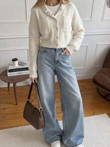Women's Round Neck Cable Knit Short Pullover, Dropped Shoulder Long Sleeve Casual Sweater With Patch Pockets - White - View 5