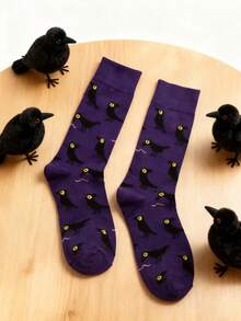 1 Pair Purple Crow Cartoon Jacquard Women's Mid-Calf Socks, Personalized Dark Style Fun Mid-Calf Socks, Halloween Outfit Socks - Multicolor - View 5