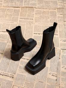 Fashion Square Toe Thick Sole Slip-On Women's Ankle Boots, Autumn/Winter New Mid-Calf Black Boots - Black - View 2