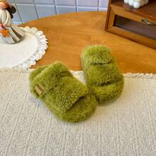 Children's Green Plush Slippers, Open Toe Plush House Slippers With Strap, Toddler Warm Soft Sole Anti-Slip Winter Indoor Shoes - Green - View 6