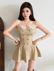 Top Dazzle Women's Chic Sleeveless Spaghetti Strap Short Dress With Ruffle Neck Trim A Perfect Blend Of Elegant And Sexy Style - Khaki - View 4