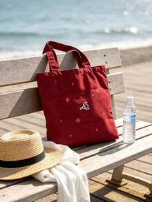 L'Occitane Red Canvas Tote Bag Double Sided Print Star Pattern Large Capacity Shoulder Handbag Casual Commute Beach Shopping Cosmetic Storage Gift Bag For Women - Red - View 2